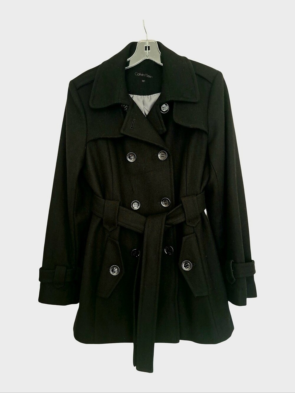 Calvin Klein Women's Black Wool Peacoat Double Breasted/Belted Size: 10 Petite